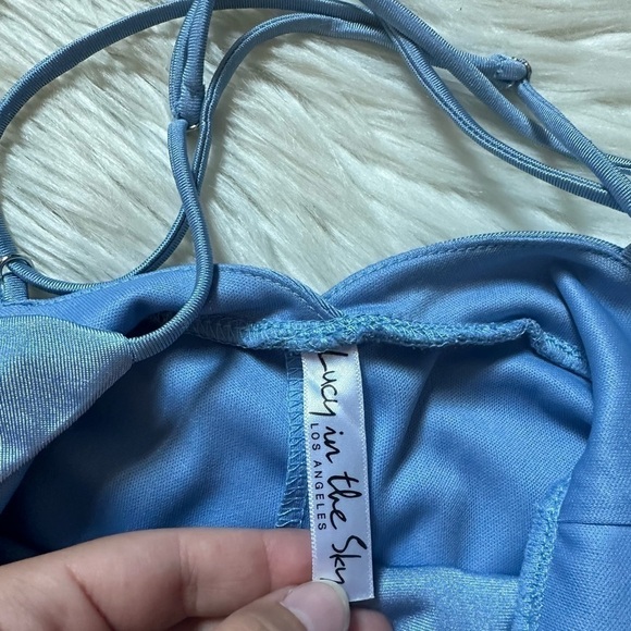 LUCY IN THE SKY Ruched Cross Back Dress In Pastel Blue - Picture 3 of 4